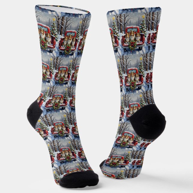 Shetland Sheepdog Christmas Red Truck Holiday Socks (Angled)