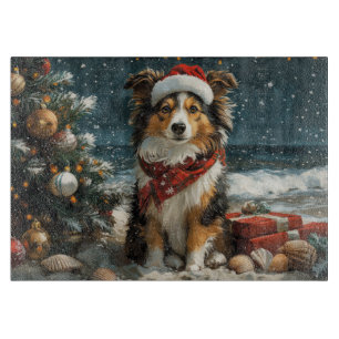 Shetland Sheepdog Christmas Vintage Beach  Cutting Board