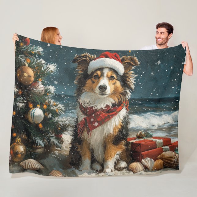 Shetland Sheepdog Christmas Vintage Beach  Fleece Blanket (In Situ)