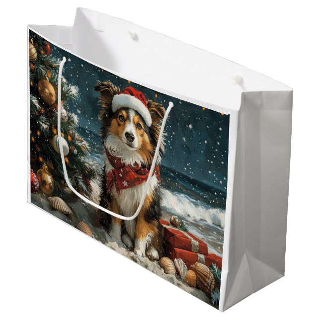 Shetland Sheepdog Christmas Vintage Beach  Large Gift Bag (Front Angled)