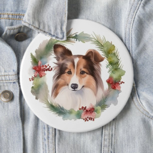 Shetland Sheepdog Christmas Wreath Festive Pup 6 Inch Round Button