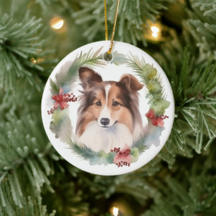 Shetland Sheepdog Christmas Wreath Festive Pup Ceramic Ornament