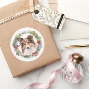 Shetland Sheepdog Christmas Wreath Festive Pup Classic Round Sticker