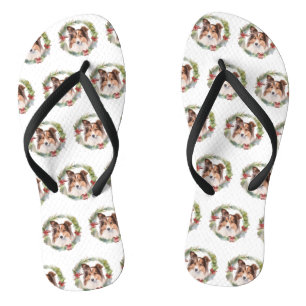 Shetland Sheepdog Christmas Wreath Festive Pup Flip Flops