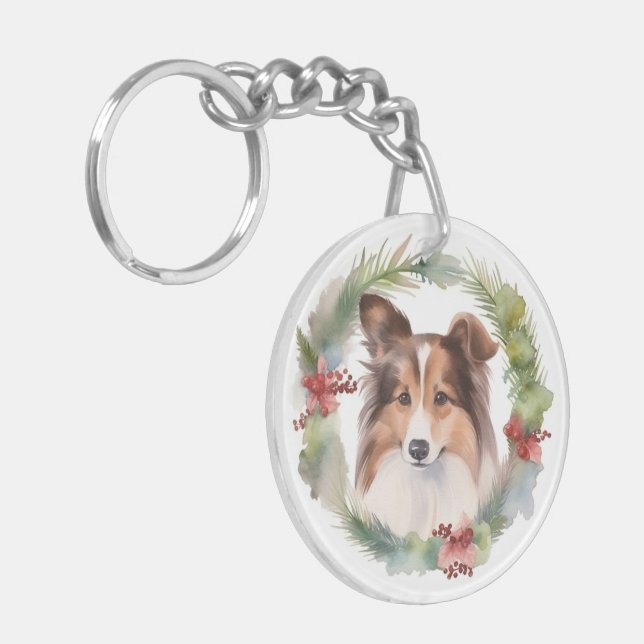 Shetland Sheepdog Christmas Wreath Festive Pup Keychain (Front Left)