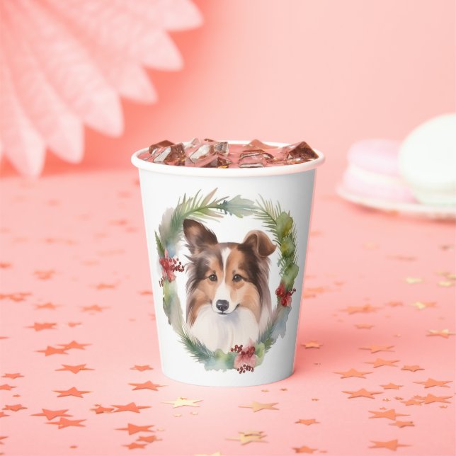 Shetland Sheepdog Christmas Wreath Festive Pup Paper Cups (Insitu)