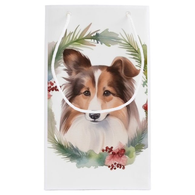 Shetland Sheepdog Christmas Wreath Festive Pup Small Gift Bag (Back)