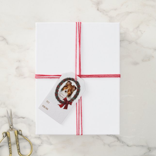 Shetland Sheepdog Christmas Wreath Gift Tags (With Twine)