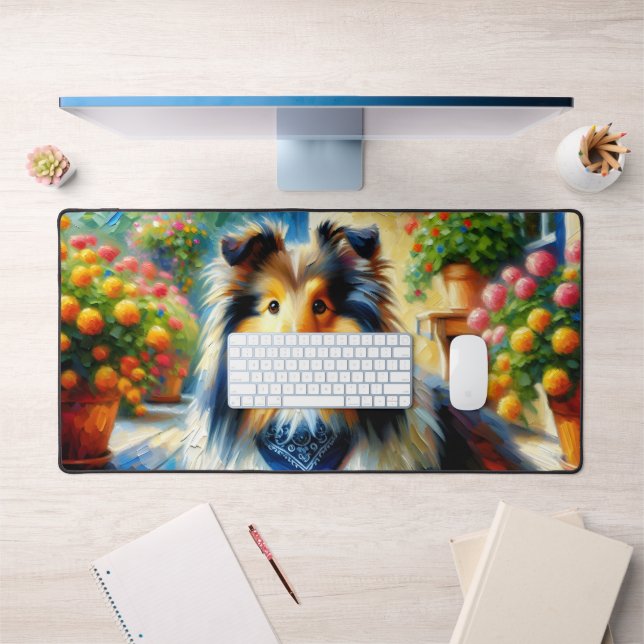 Shetland Sheepdog dans Cottage Garden Scène (Bureau 1)