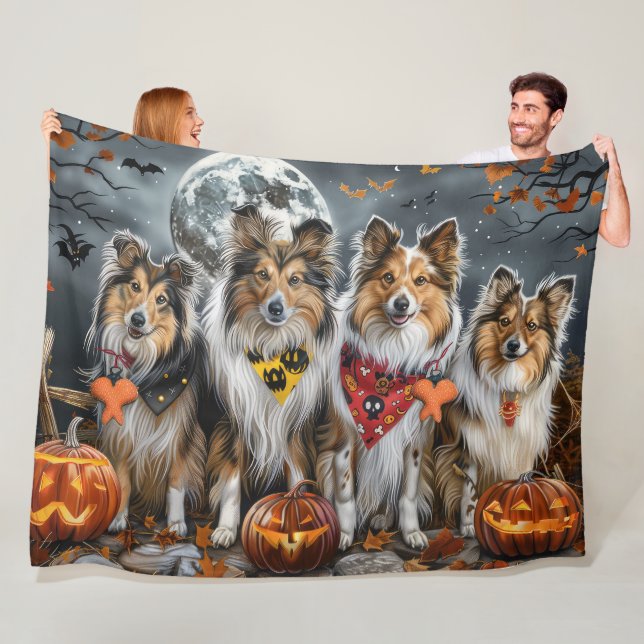 Shetland Sheepdog Halloween Spooky  Fleece Blanket (In Situ)