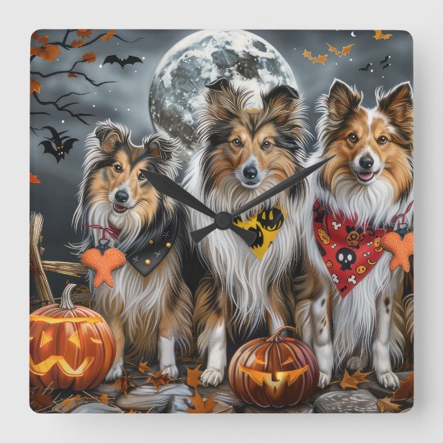 Shetland Sheepdog Halloween Spooky  Square Wall Clock (Front)