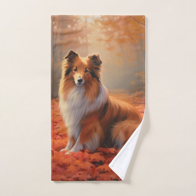 Shetland Sheepdog in Autumn Leaves Fall Inspire  Bath Towel Set (Hand Towel)