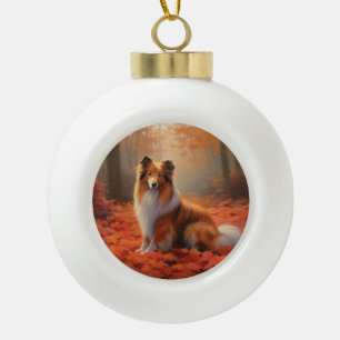 Shetland Sheepdog in Autumn Leaves Fall Inspire Ceramic Ball Christmas Ornament