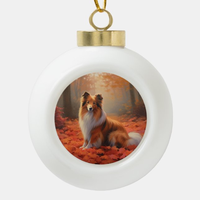Shetland Sheepdog in Autumn Leaves Fall Inspire  Ceramic Ball Christmas Ornament (Front)