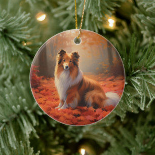 Shetland Sheepdog in Autumn Leaves Fall Inspire Ceramic Ornament