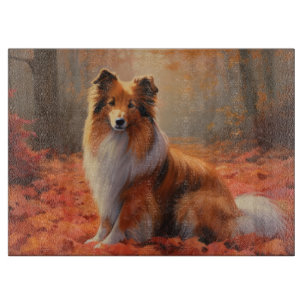 Shetland Sheepdog in Autumn Leaves Fall Inspire  Cutting Board