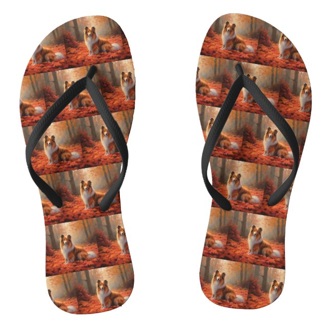 Shetland Sheepdog in Autumn Leaves Fall Inspire  Flip Flops (Footbed)