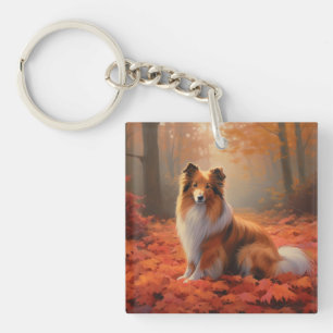 Shetland Sheepdog in Autumn Leaves Fall Inspire  Keychain