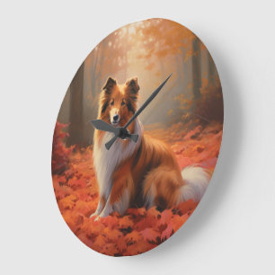 Shetland Sheepdog in Autumn Leaves Fall Inspire  Large Clock