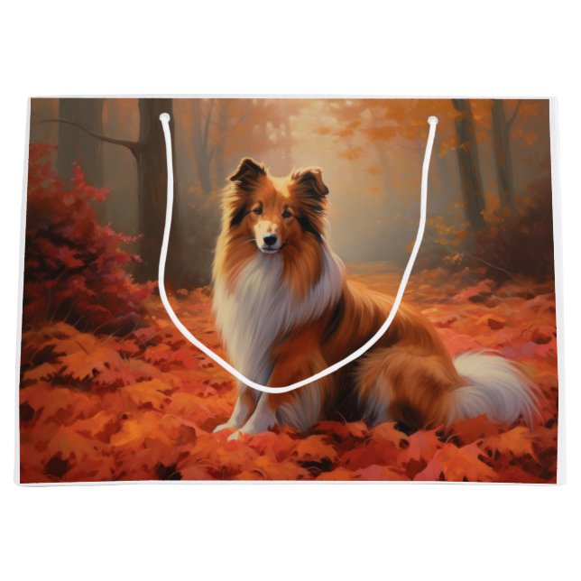 Shetland Sheepdog in Autumn Leaves Fall Inspire  Large Gift Bag (Front)