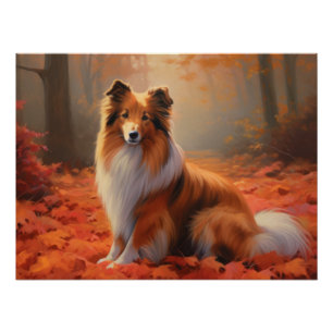 Shetland Sheepdog in Autumn Leaves Fall Inspire Poster