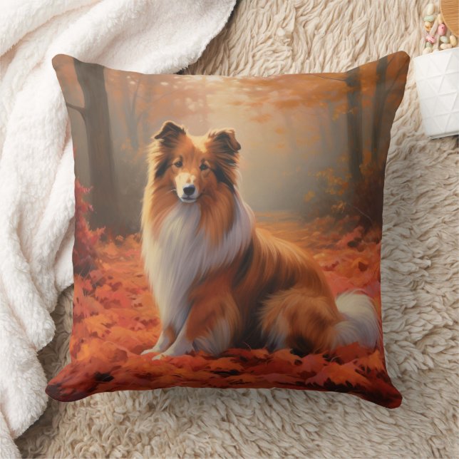 Shetland Sheepdog in Autumn Leaves Fall Inspire  Throw Pillow (Blanket)