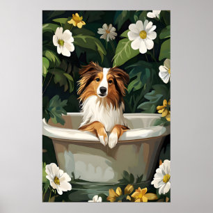 Shetland Sheepdog In Bathtub Poster, Funny Dog Poster