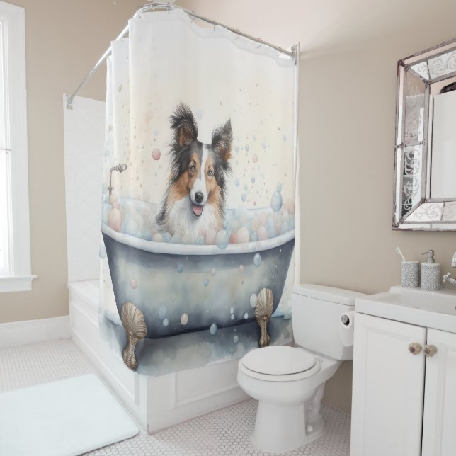 Shetland Sheepdog In Bathtub Watercolor Dog Art  (In Situ)