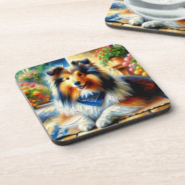 Shetland Sheepdog in Cottage Garden Scene Coaster (Left Side)