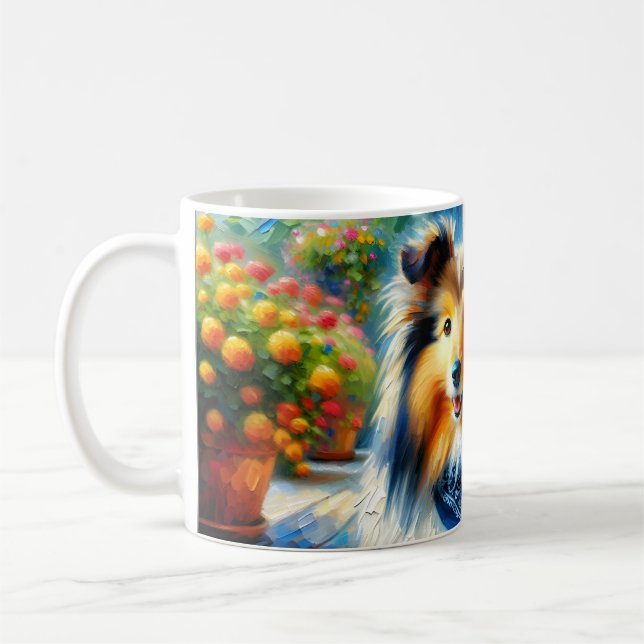 Shetland Sheepdog in Cottage Garden Scene Coffee Mug (Left)