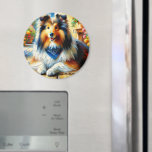 Shetland Sheepdog in Cottage Garden Scene Magnet<br><div class="desc">This charming Shetland Sheepdog painting captures the heartwarming presence of a fluffy sheltie lounging peacefully on a sunlit porch, framed by vibrant, blooming flowers in terracotta pots. With its impressionist brushstrokes and rich, saturated colors, the design blends a rustic cottagecore vibe with an affectionate nod to loyal canine companionship. The...</div>