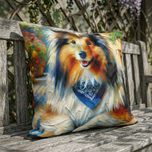 Shetland Sheepdog in Cottage Garden Scene Throw Pillow