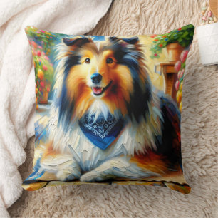 Shetland Sheepdog in Cottage Garden Scene Throw Pillow