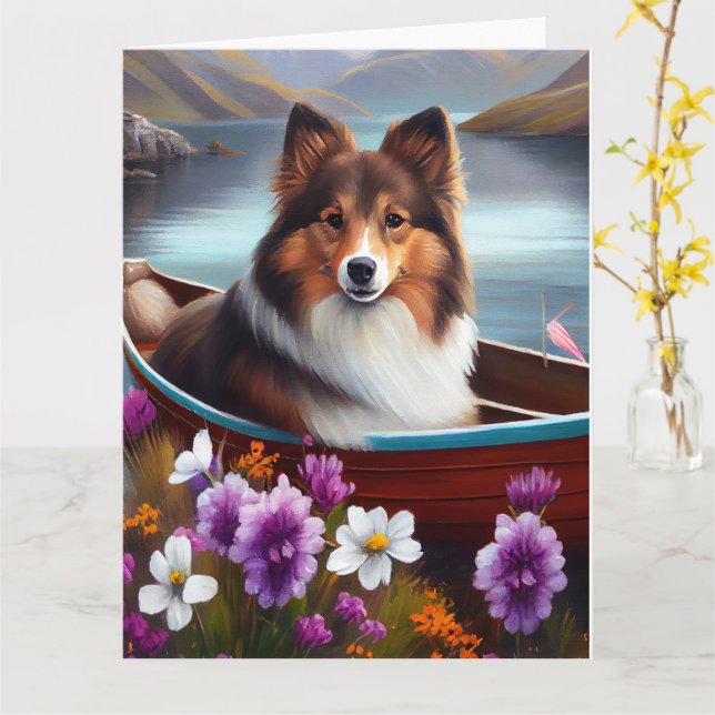 Shetland Sheepdog on a Paddle: A Scenic Adventure Card (Yellow Flower)