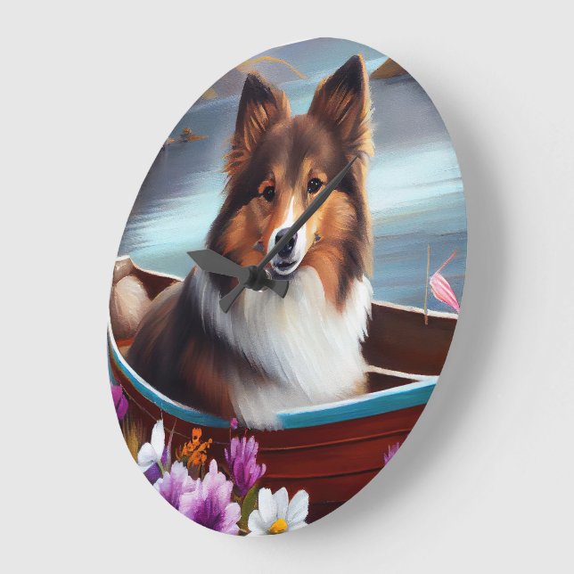 Shetland Sheepdog on a Paddle: A Scenic Adventure Large Clock (Angle)