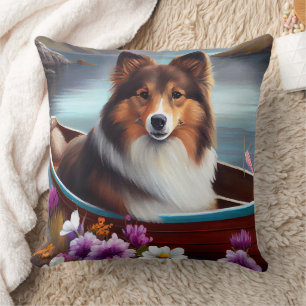 Shetland Sheepdog on a Paddle: A Scenic Adventure Throw Pillow