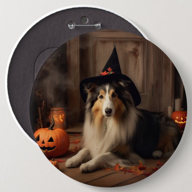 Shetland Sheepdog Pumpkins Halloween Scary  6 Inch Round Button (Front & Back)