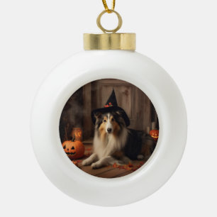 Shetland Sheepdog Pumpkins Halloween Scary  Ceramic Ball Christmas Ornament
