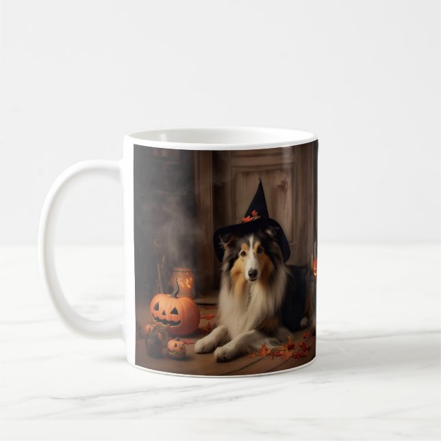 Shetland Sheepdog Pumpkins Halloween Scary  Coffee Mug (Left)