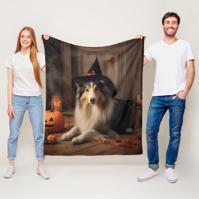 Shetland Sheepdog Pumpkins Halloween Scary  Fleece Blanket (In Situ)