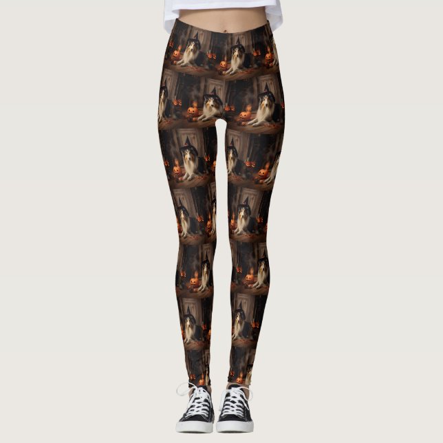 Shetland Sheepdog Pumpkins Halloween Scary  Leggings (Front)