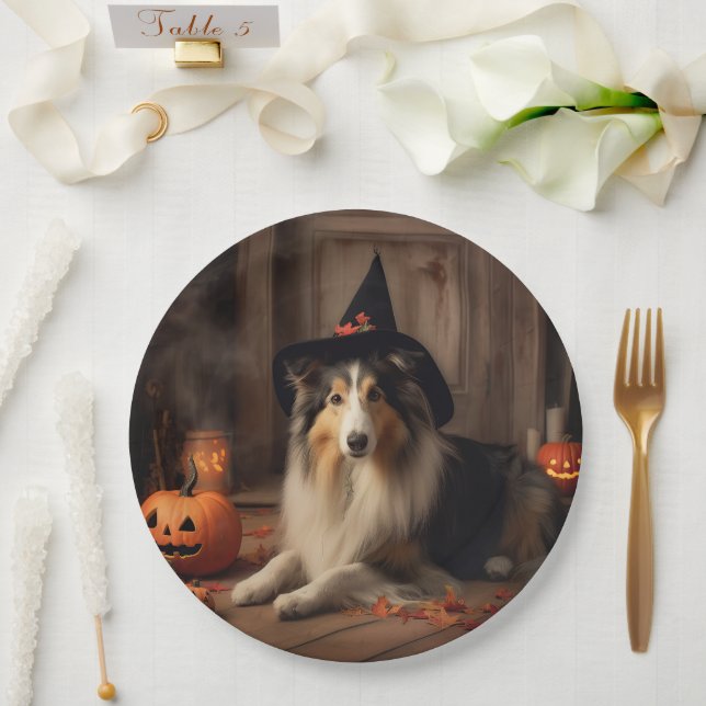 Shetland Sheepdog Pumpkins Halloween Scary  Paper Plate (Wedding)
