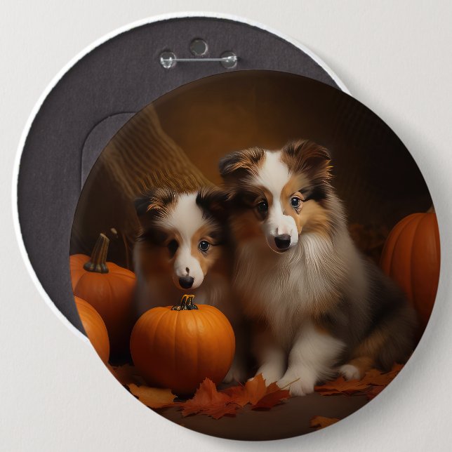 Shetland Sheepdog Puppy Autumn Delight Pumpkin  6 Inch Round Button (Front & Back)