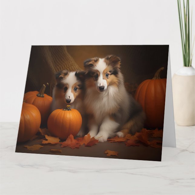 Shetland Sheepdog Puppy Autumn Delight Pumpkin  Card (Front)