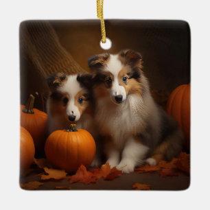Shetland Sheepdog Puppy Autumn Delight Pumpkin Ceramic Ornament