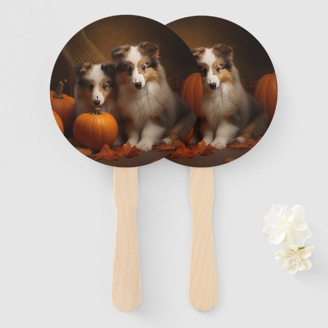 Shetland Sheepdog Puppy Autumn Delight Pumpkin  Hand Fan (Front and Back)
