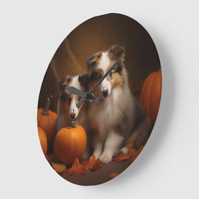 Shetland Sheepdog Puppy Autumn Delight Pumpkin  Large Clock (Angle)