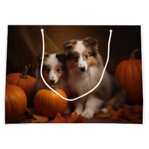 Shetland Sheepdog Puppy Autumn Delight Pumpkin Large Gift Bag