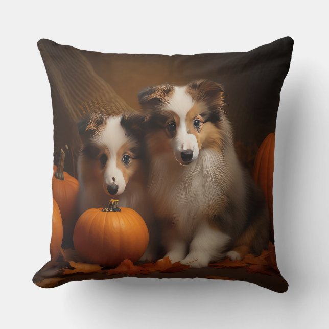 Shetland Sheepdog Puppy Autumn Delight Pumpkin  Throw Pillow (Front)