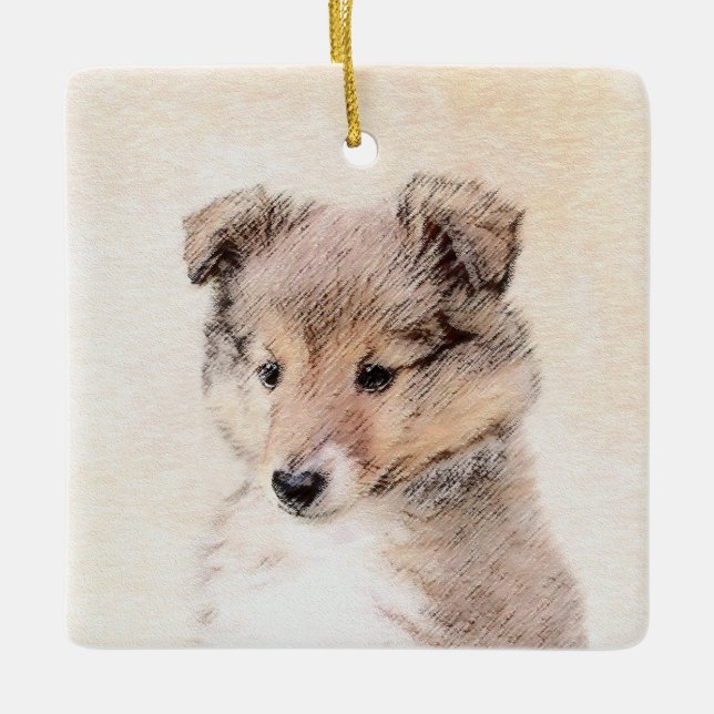 Shetland Sheepdog Puppy Painting Original Dog Art Ceramic Ornament (Front)